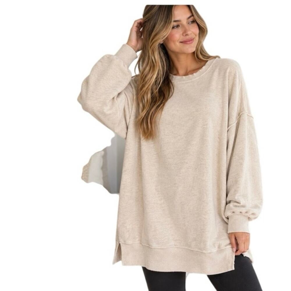 Aerie Love This Moment Oversized Fleece Sweatshirt Tunic Cream Gray Large L